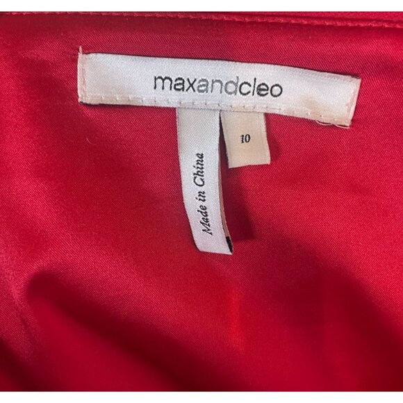 Max & Cleo Crimson Red One Shoulder Dress Ruffle Bow Sheer Overlay Size 10 - Picture 8 of 11